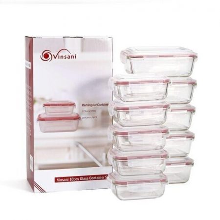 Vinsani Glass Food Storage Containers with Airtight Lids 10 Pack Rectangle UK